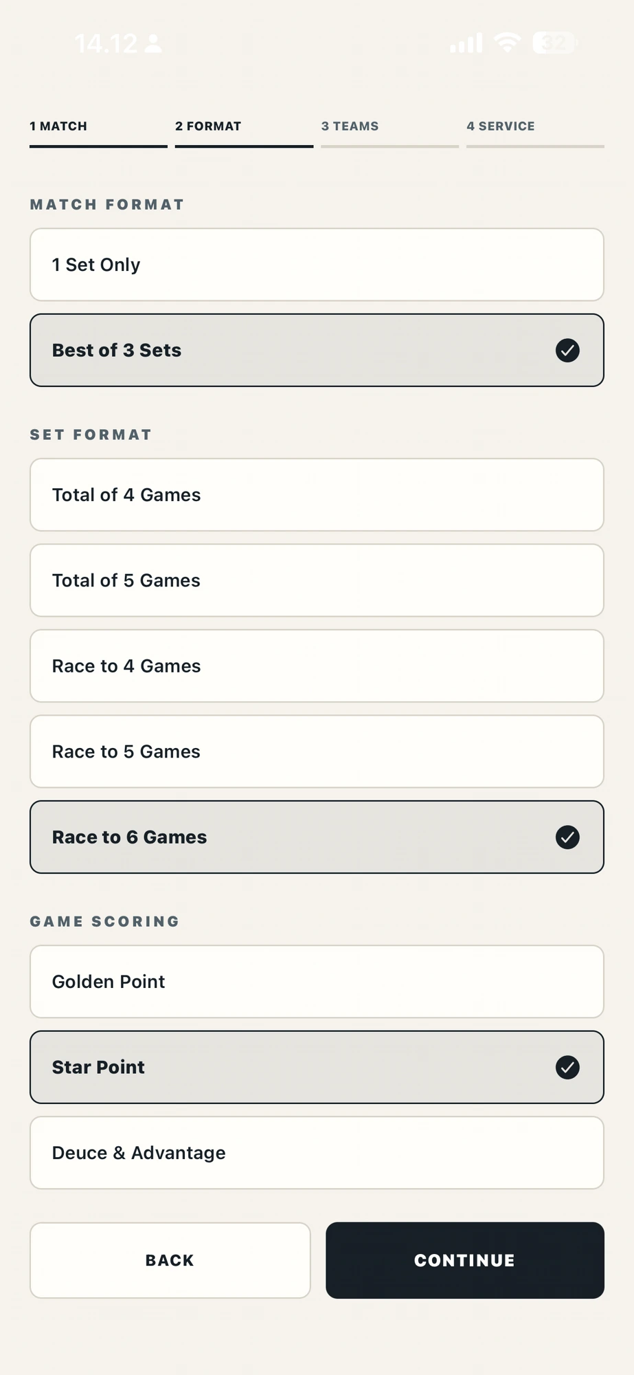 MVP match format selection screen