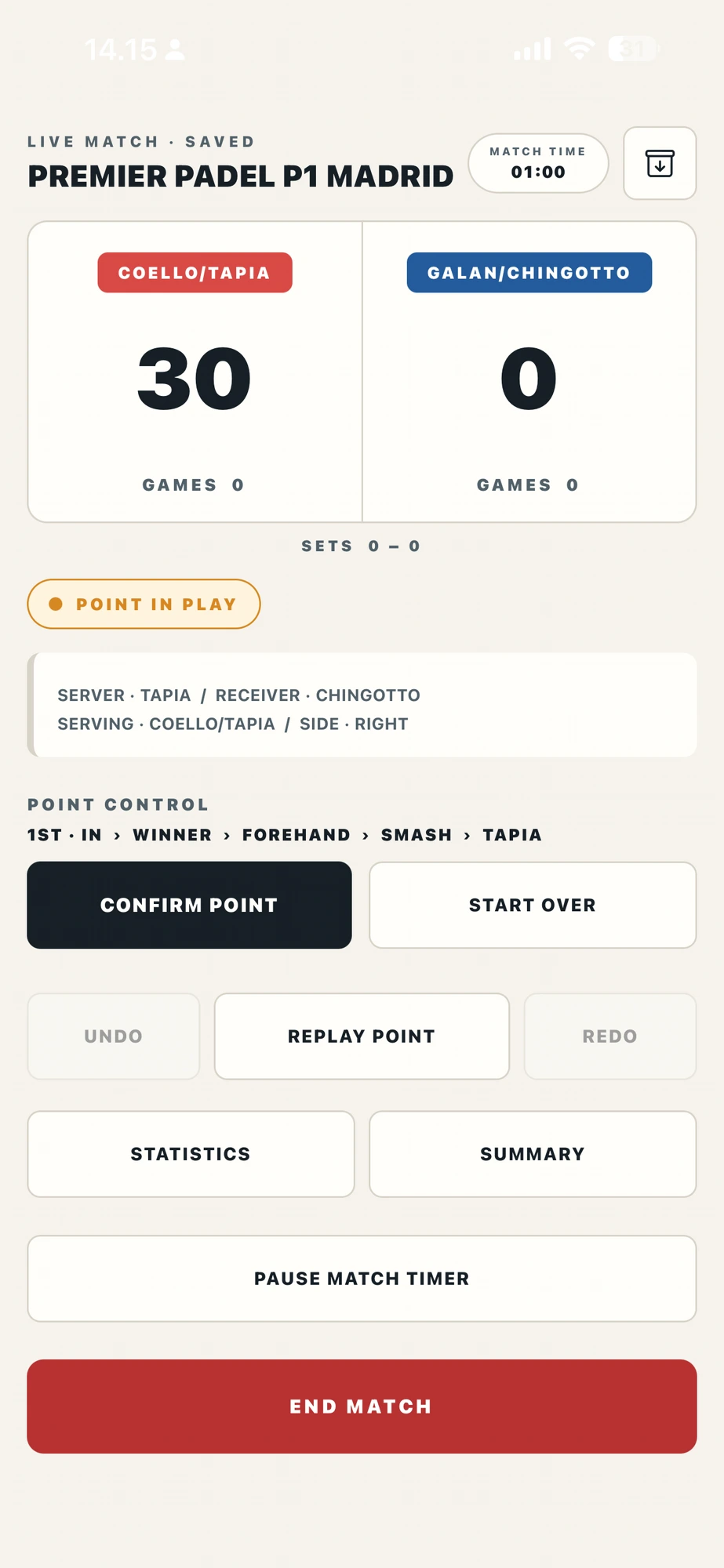 MVP point control with serve and shot attribution
