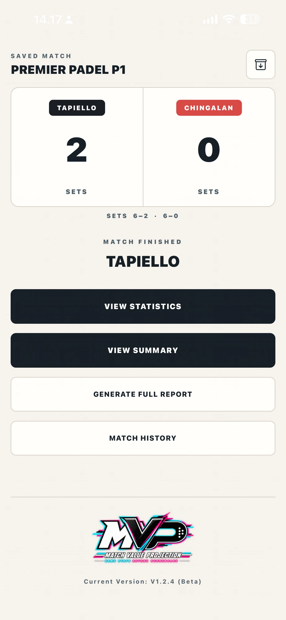 MVP saved match review with statistics, summary, report, and history